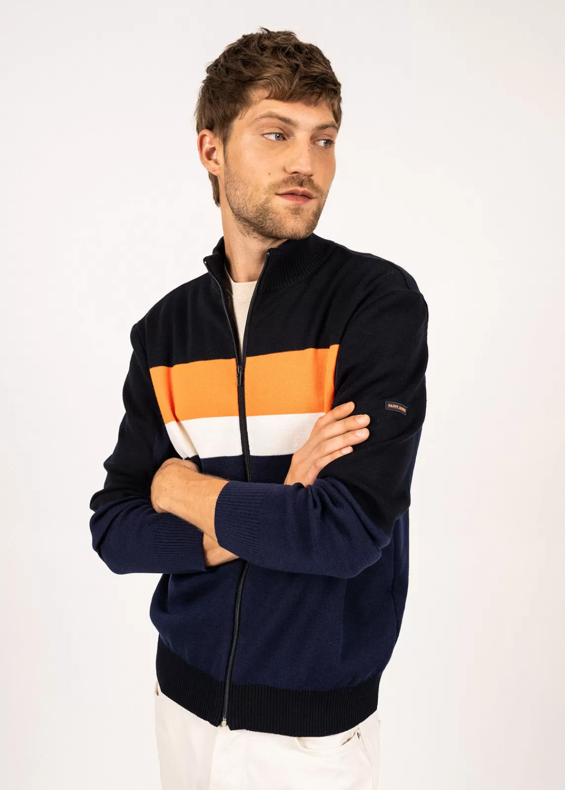 Jumpers & Cardigans>Saint James Barneville high neck zipped cardigan INSIGNE/NAVY/ORANGEFLUO/BLANC