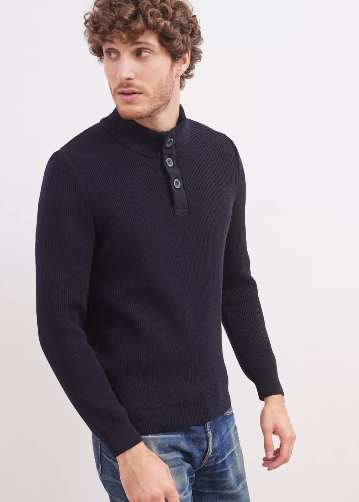 Jumpers & Cardigans>Saint James Bourboule buttoned high neck jumper NAVY