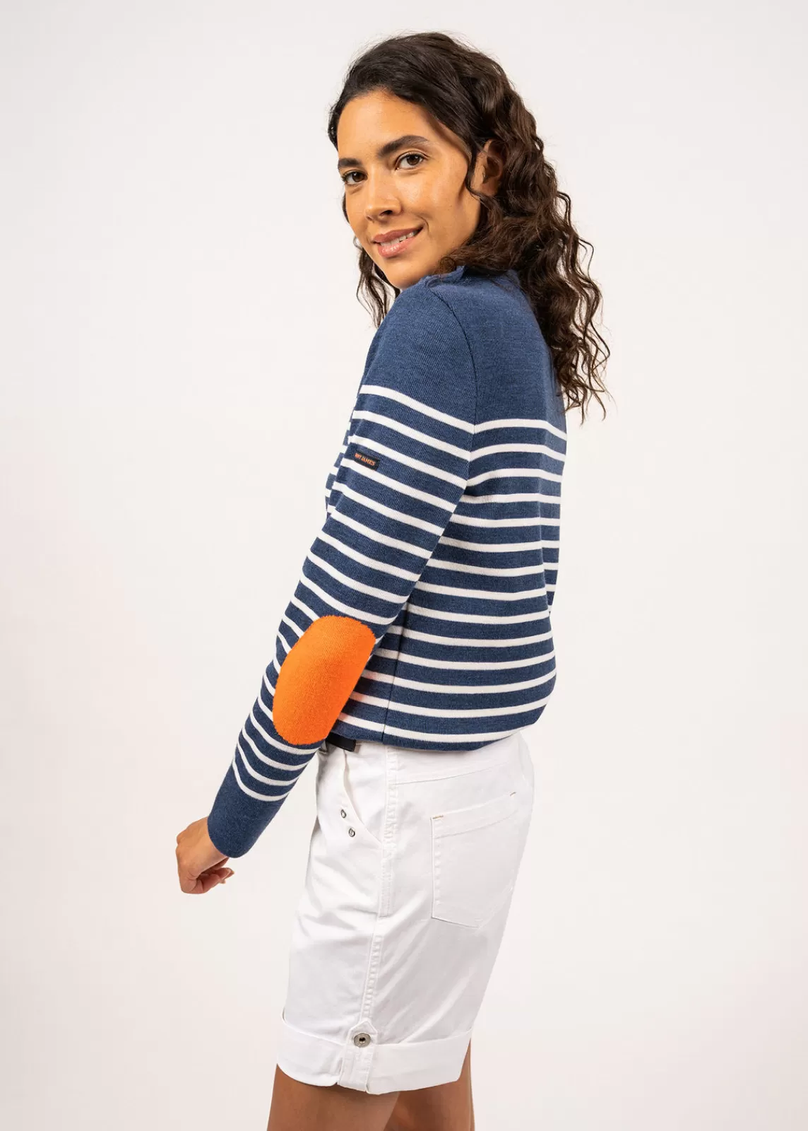 Sailor Jumpers>Saint James Brégançon striped sailor jumper JEAN/BLANC/ORANGEFLUO