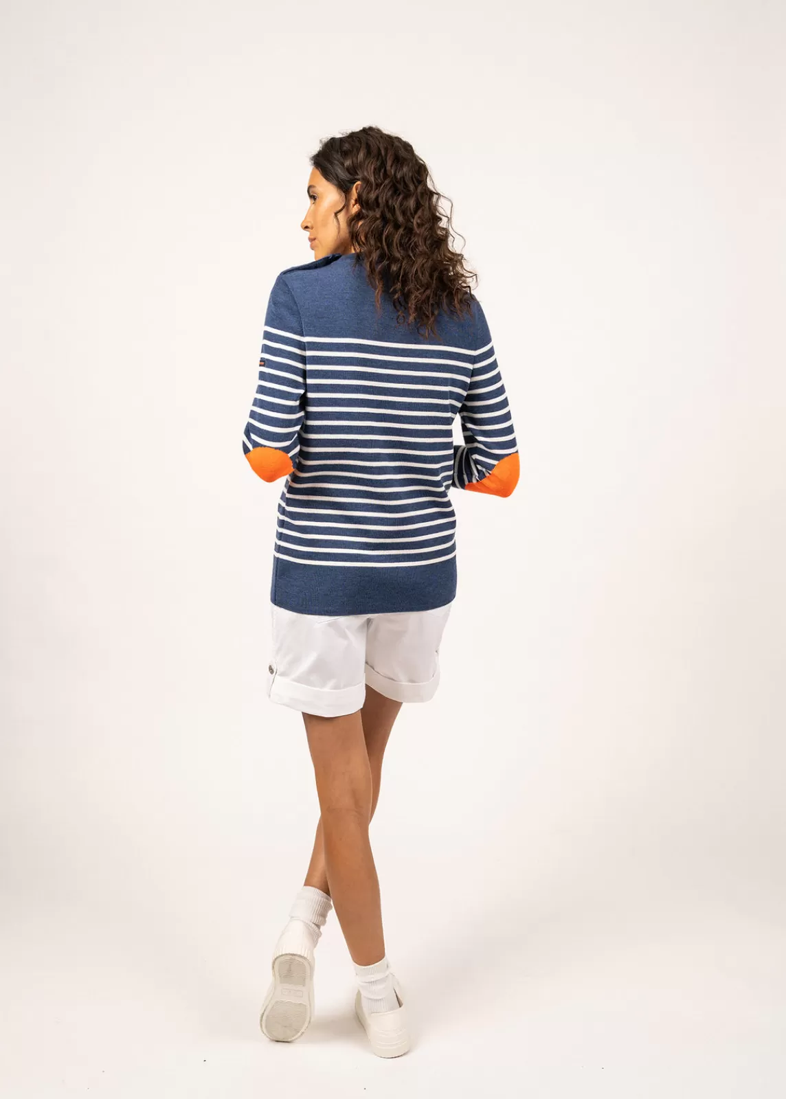 Sailor Jumpers>Saint James Brégançon striped sailor jumper JEAN/BLANC/ORANGEFLUO