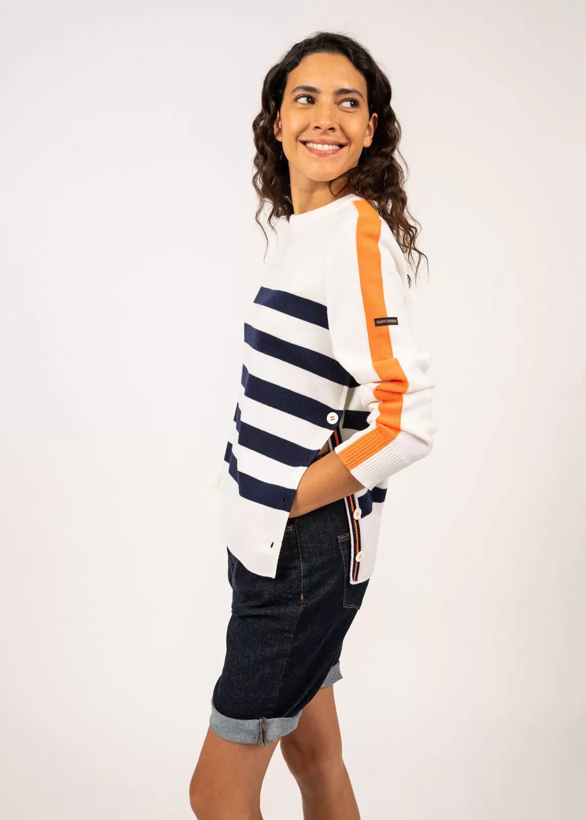 Sailor Jumpers>Saint James Chausey navy-inspired striped jumper BLANC/INSIGNE/ORANGEFLUO