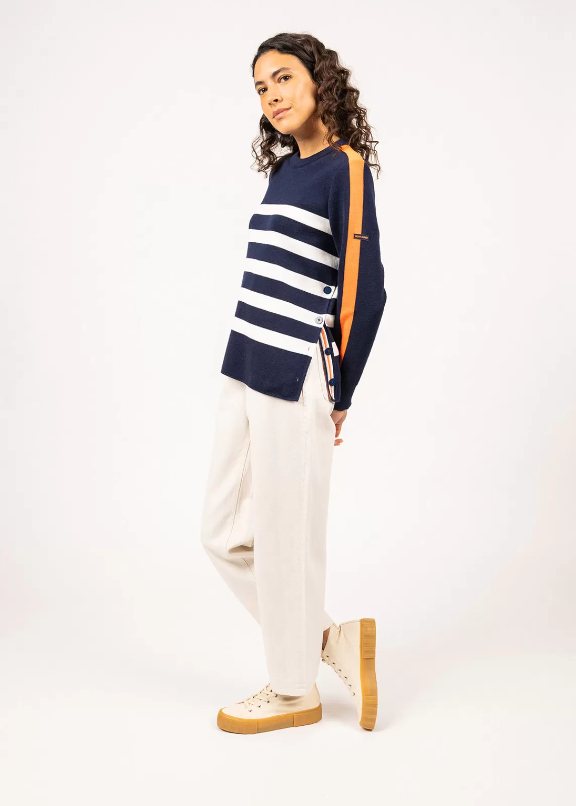 Sailor Jumpers>Saint James Chausey navy-inspired striped jumper INSIGNE/BLANC/ORANGEFLUO