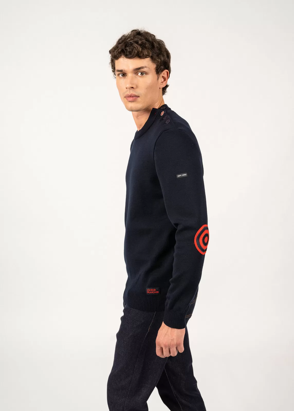 Sailor Jumpers>Saint James Comfortable sailor jumper with elbow patches NAVY/MULTICO