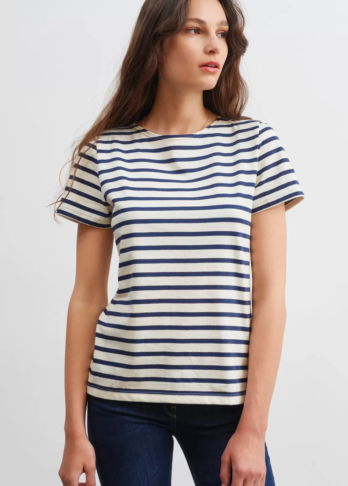 Sailor Striped Shirts>Saint James Etrille short sleeve striped sailor shirt ECRU/MARINE