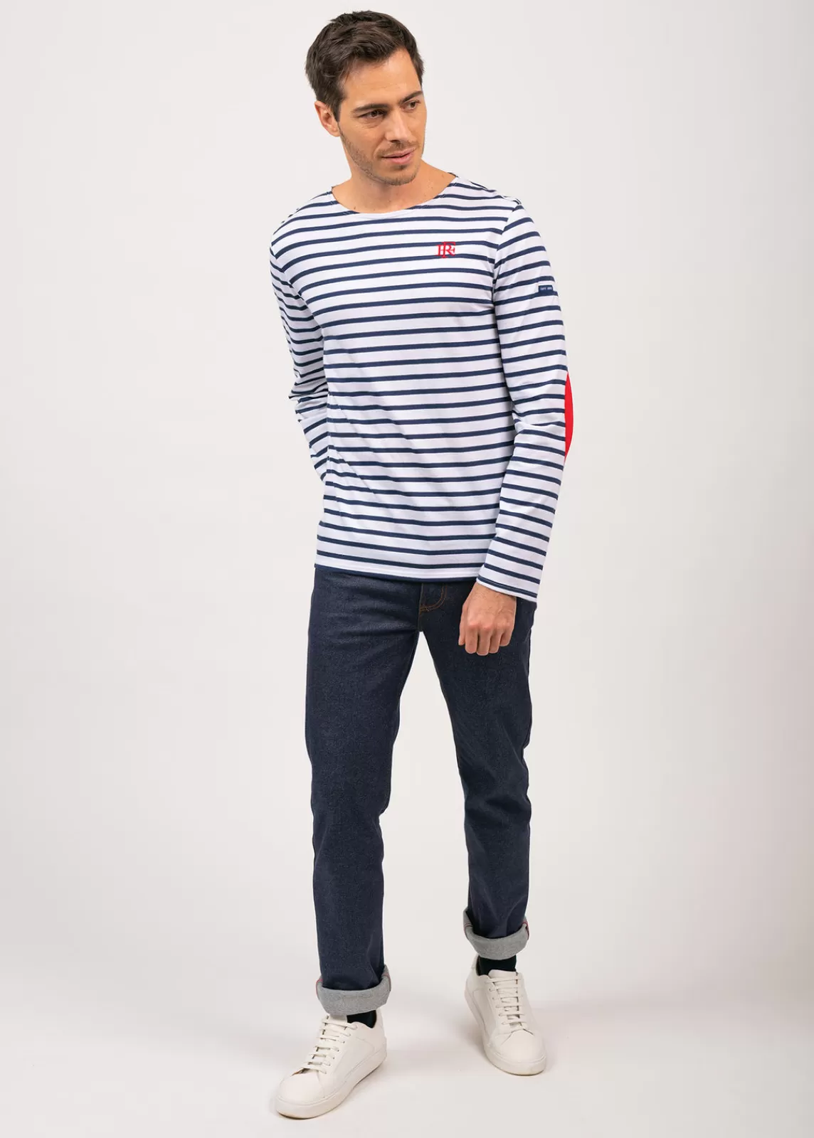 Sailor Striped Shirts>Saint James Iconic sailor shirt with contrasting elbow patches NEIGE/MARINE