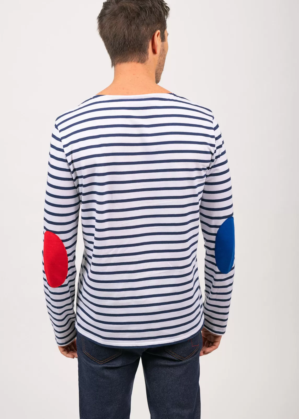 Sailor Striped Shirts>Saint James Iconic sailor shirt with contrasting elbow patches NEIGE/MARINE