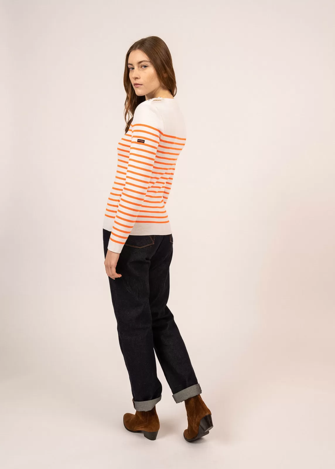 Sailor Jumpers>Saint James Marée authentic striped sailor jumper BLANC/ORANGEFLUO