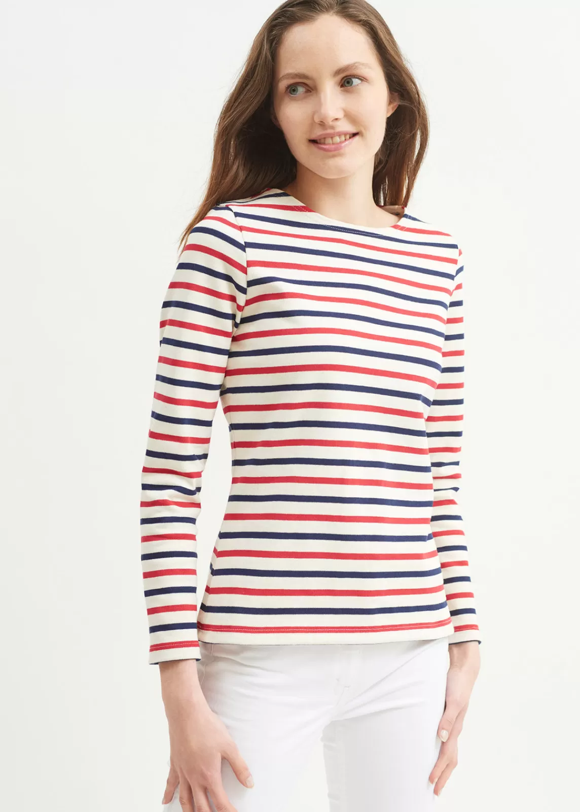 Sailor Striped Shirts>Saint James Meridame tricolour striped sailot shirt ECRU/MARINE/TULIPE