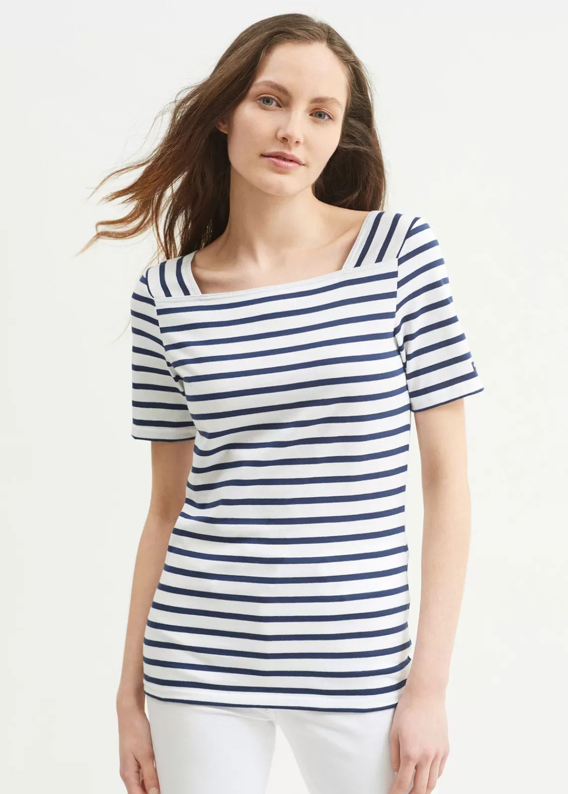 Sailor Striped Shirts>Saint James Pléneuf square neck striped sailor shirt NEIGE/MARINE