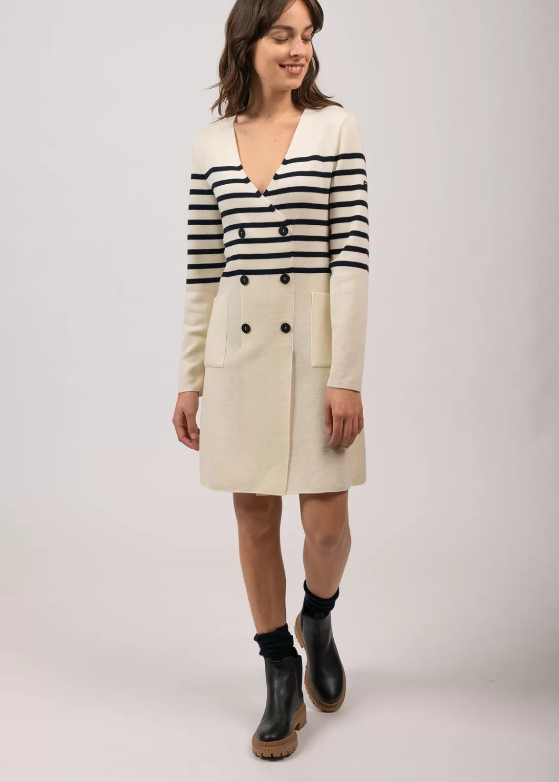 Dresses & Skirts>Saint James Royale striped dress in wool ECUME/NAVY