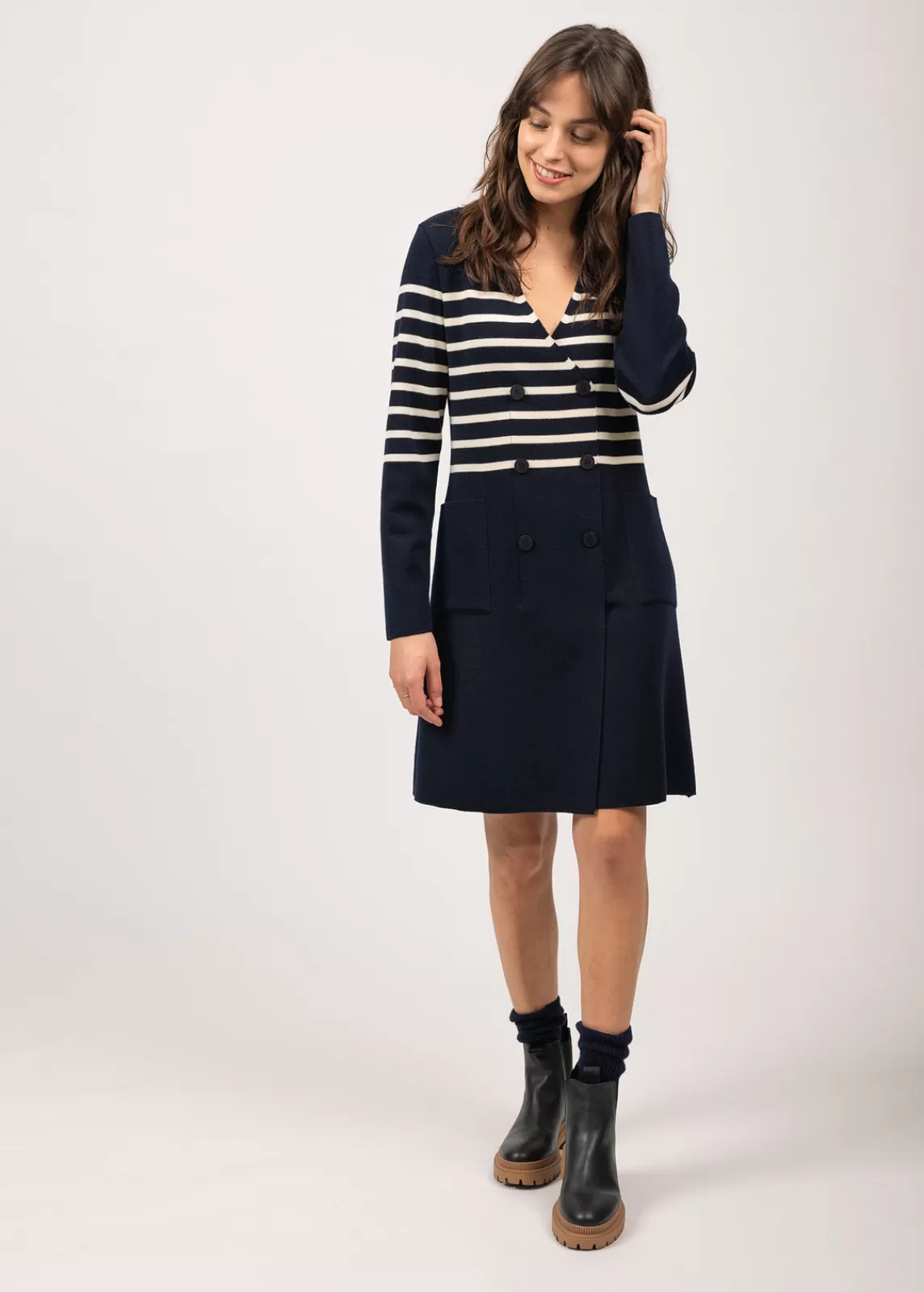 Dresses & Skirts>Saint James Royale striped dress in wool NAVY/ECUME