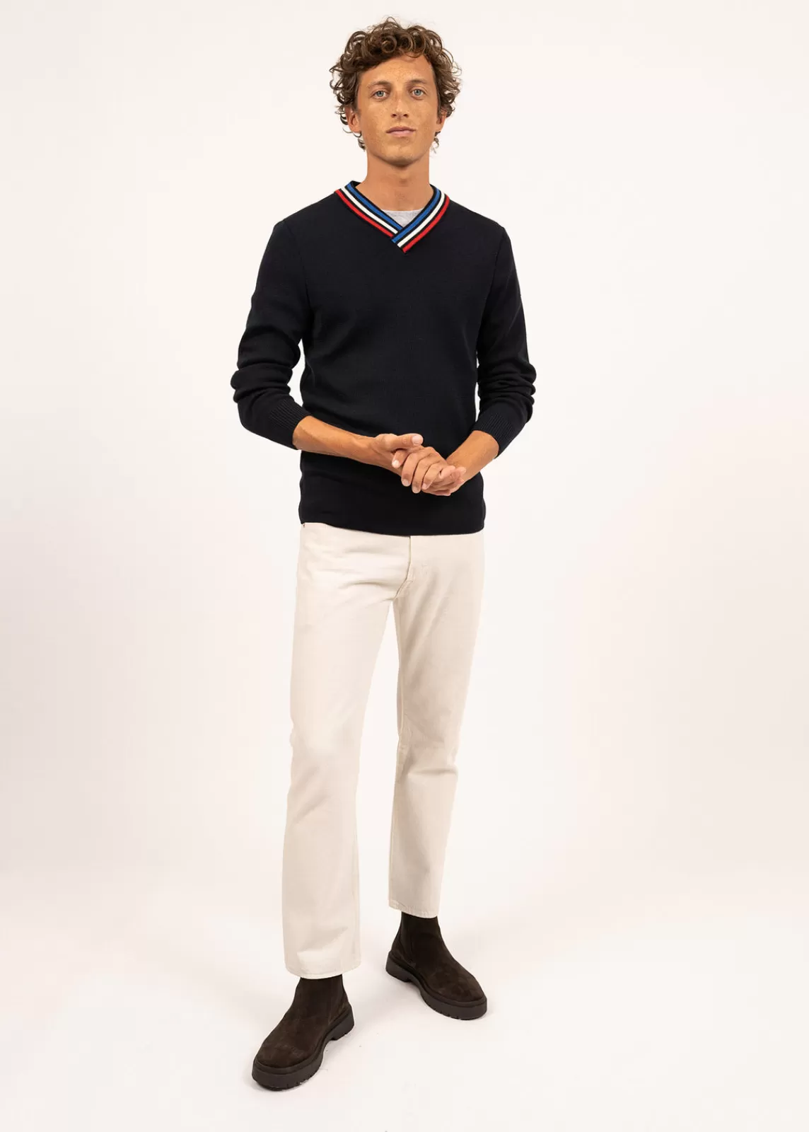 Jumpers & Cardigans>Saint James Wool jumper with contrasting V neck NAVY